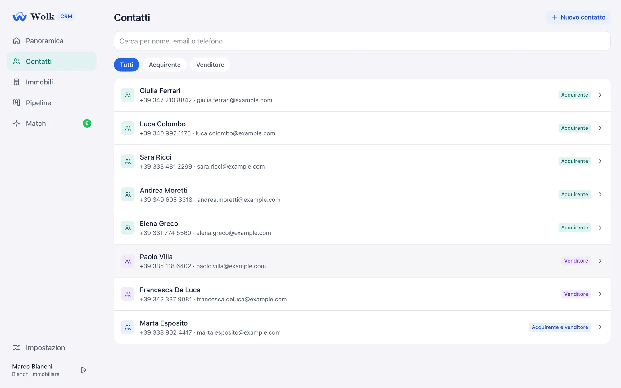 La lista Contatti con acquirenti e venditori, ognuno con telefono ed email, filtrabile per acquirente o venditore
