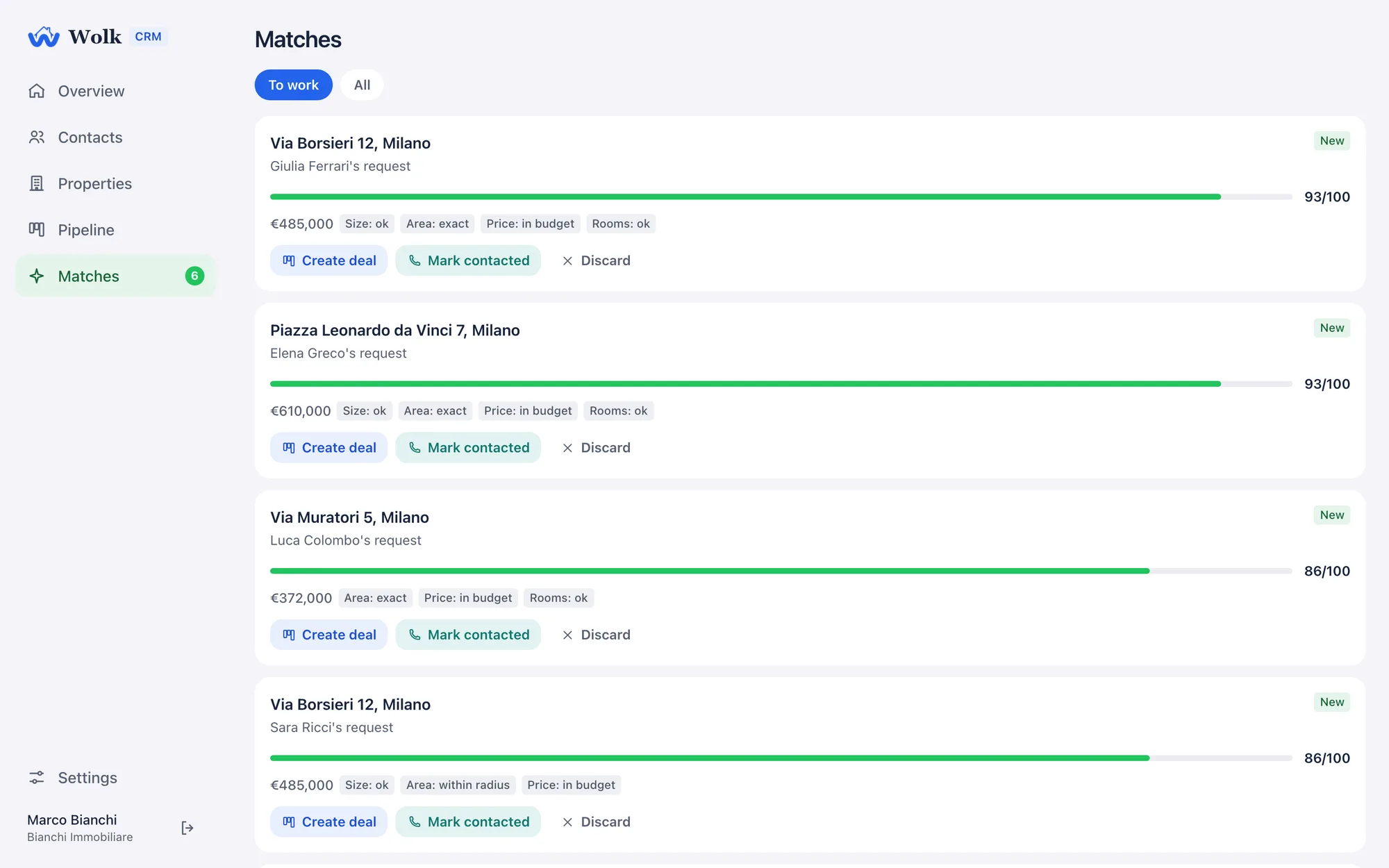 Wolk CRM Matches page with scored property-request pairs and one-click actions to convert or discard.