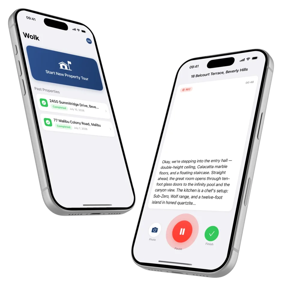 The Wolk iOS app recording a walkthrough: a live waveform and the transcribed description of the property
