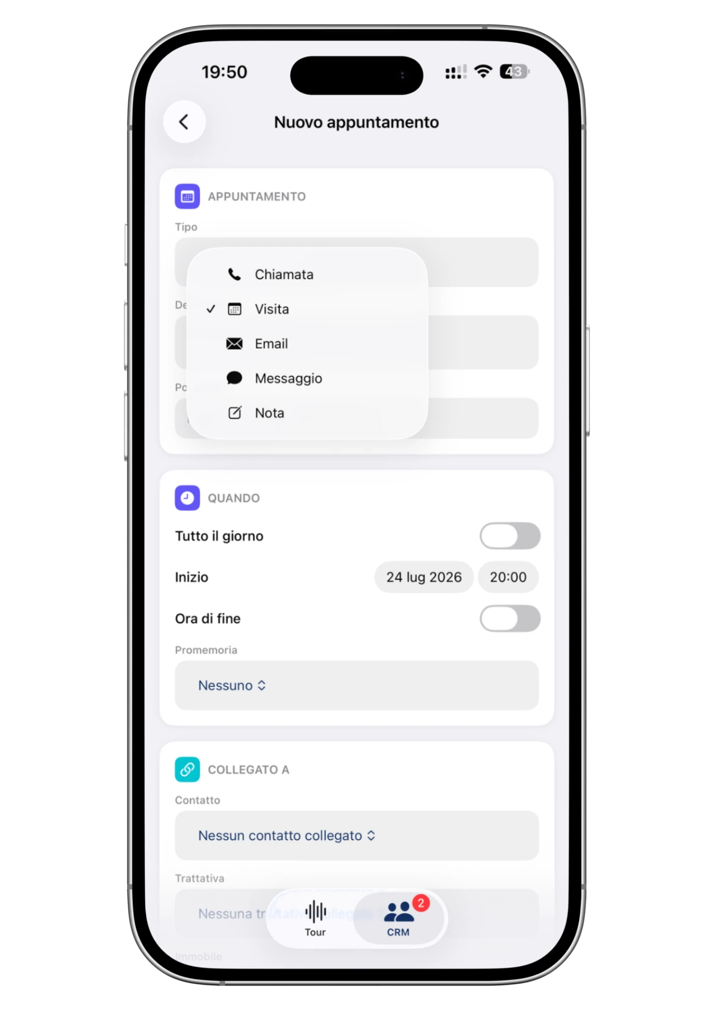 La creazione di un nuovo appuntamento: chiamata, visita, email, messaggio o nota