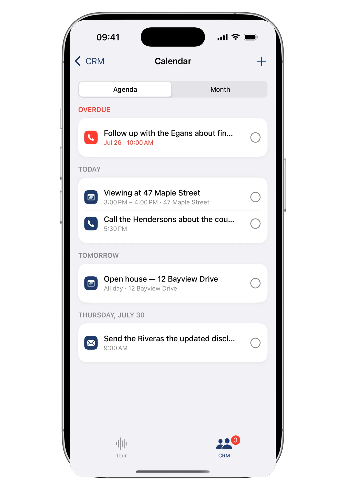 The Wolk CRM calendar in agenda view: an overdue call in red on top, today's viewing and call, then tomorrow's open house