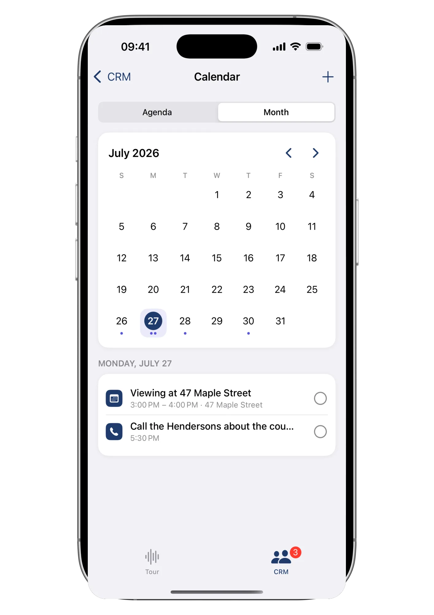 The same calendar in month view, with a dot on every day that has appointments and the selected day's list below