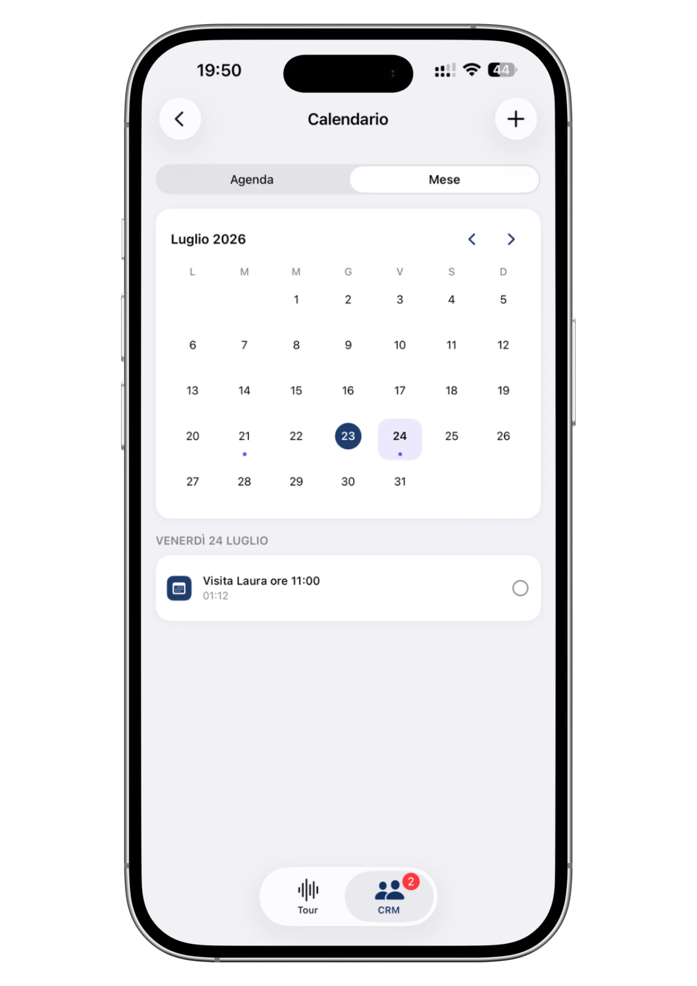 Il calendario in vista mese, con i giorni che hanno appuntamenti segnati da un punto