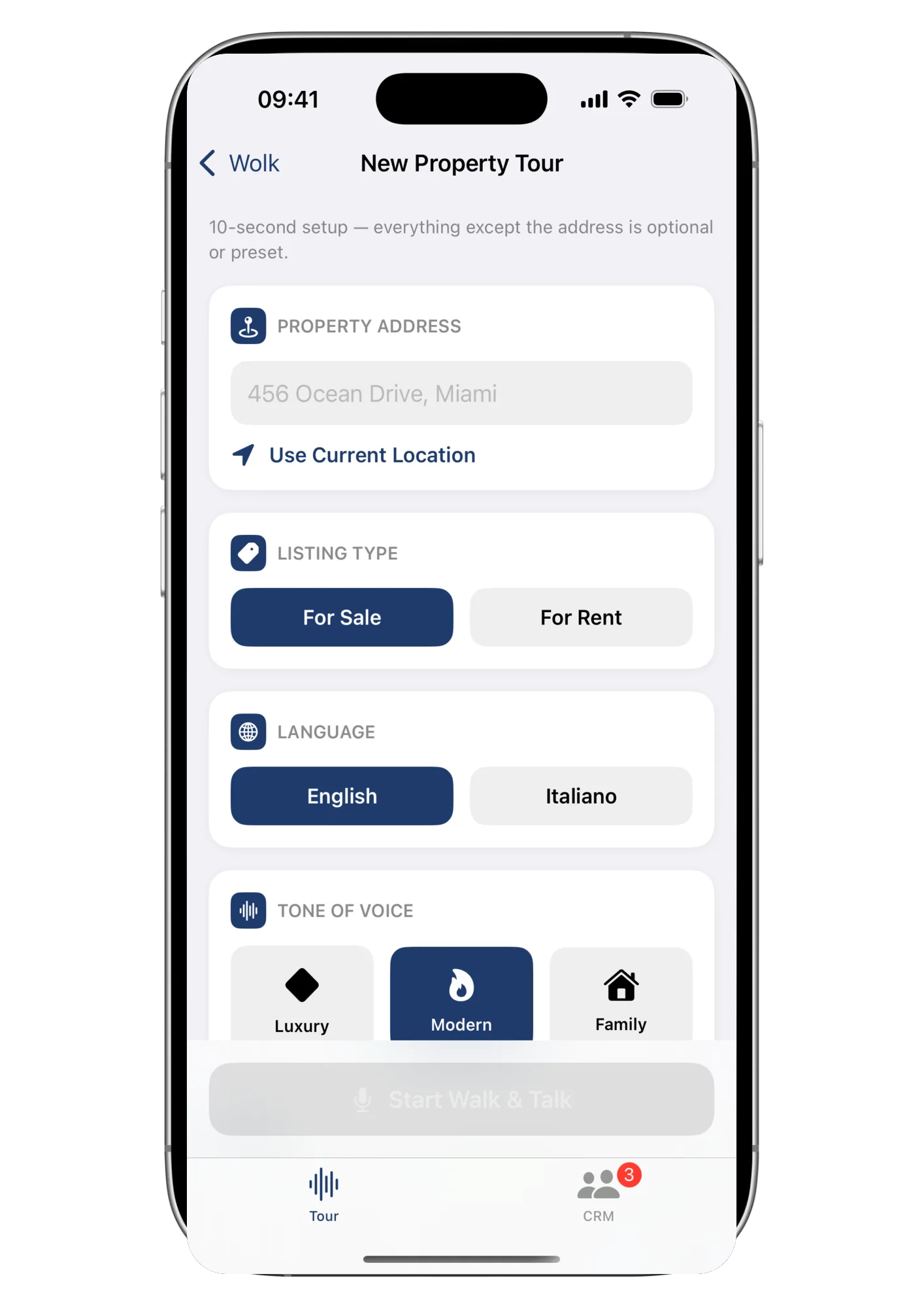 Wolk's New Property Tour setup screen: address, listing type, language, and tone of voice