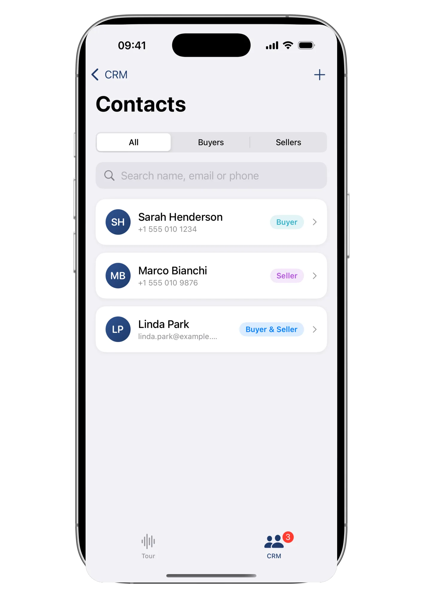 The Contacts list in the Wolk app, filterable by buyer or seller, each with a colored role badge