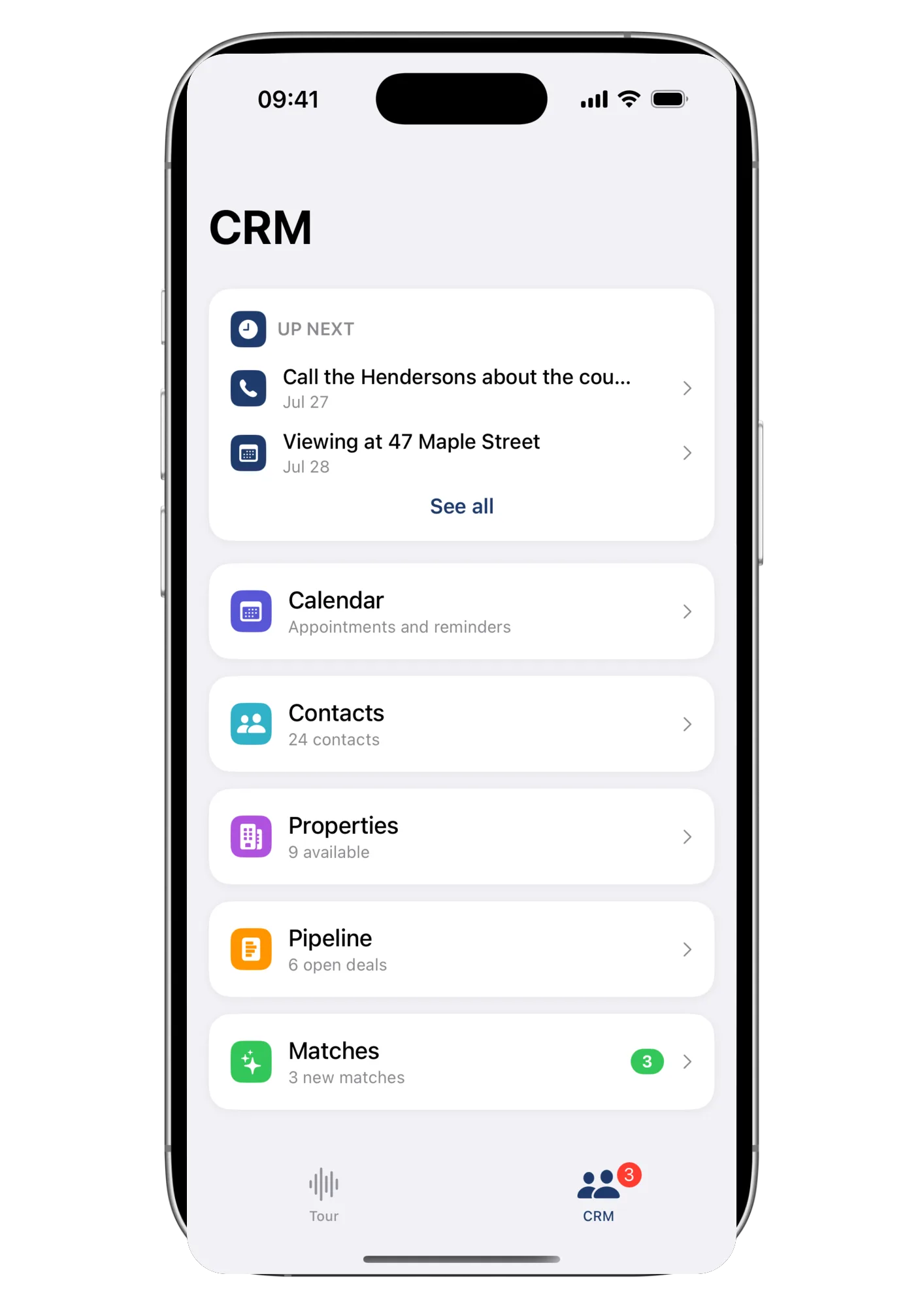 The same CRM overview, native inside the Wolk iOS app: contacts, properties, pipeline, matches, and upcoming appointments