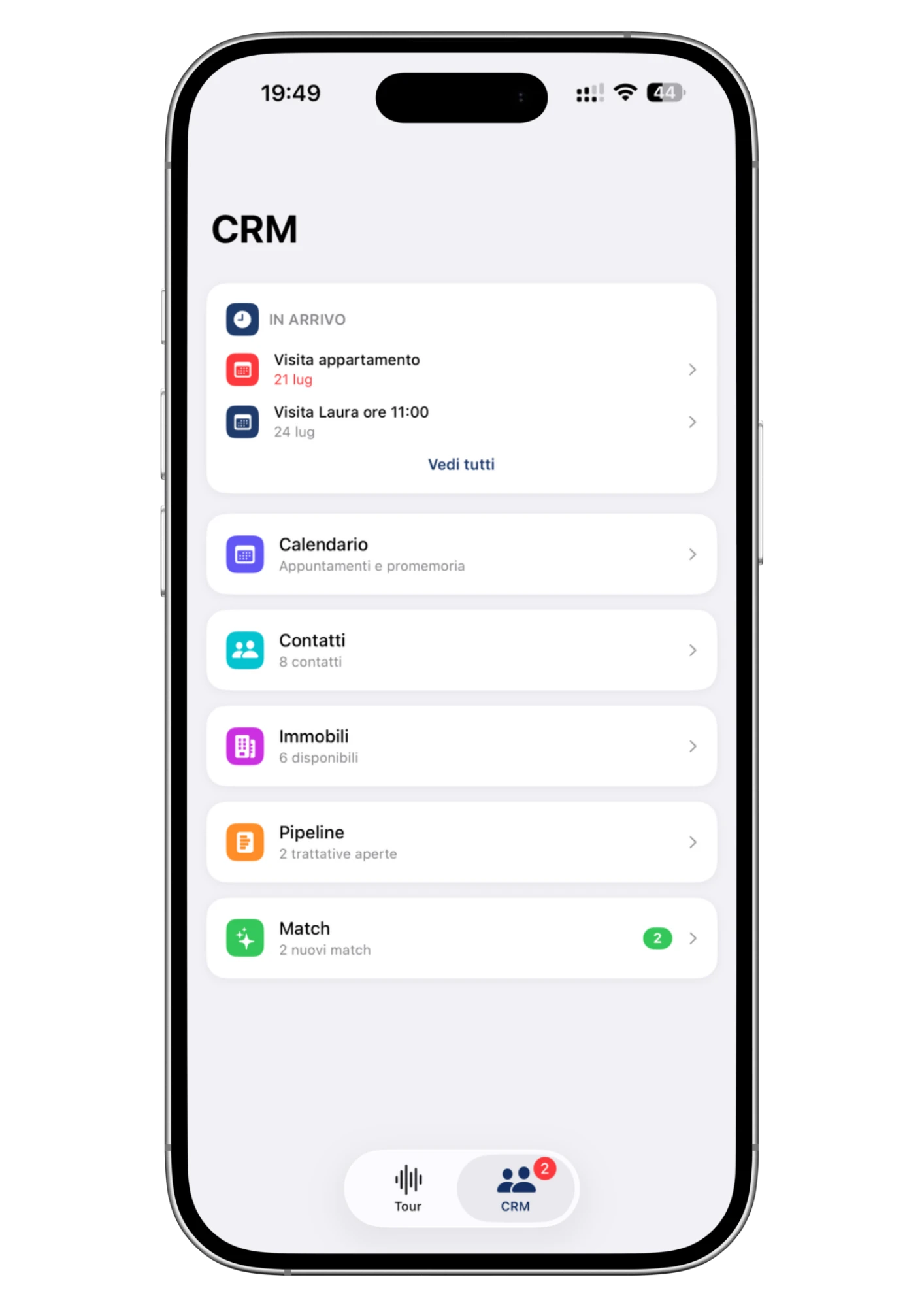 La stessa panoramica CRM, nativa dentro l'app iOS Wolk: contatti, immobili, pipeline, match e appuntamenti in arrivo