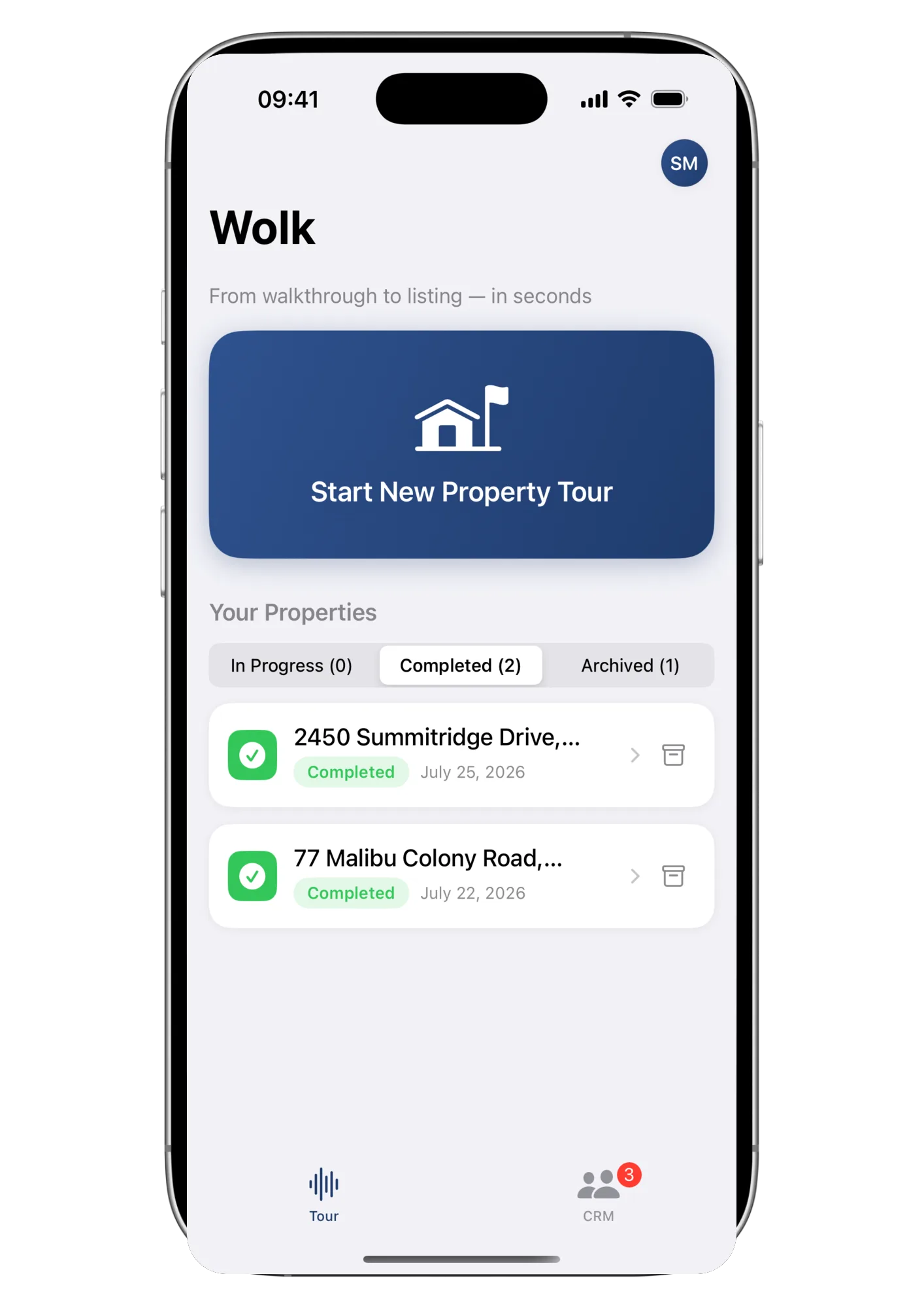 Wolk's property dashboard listing recent tours