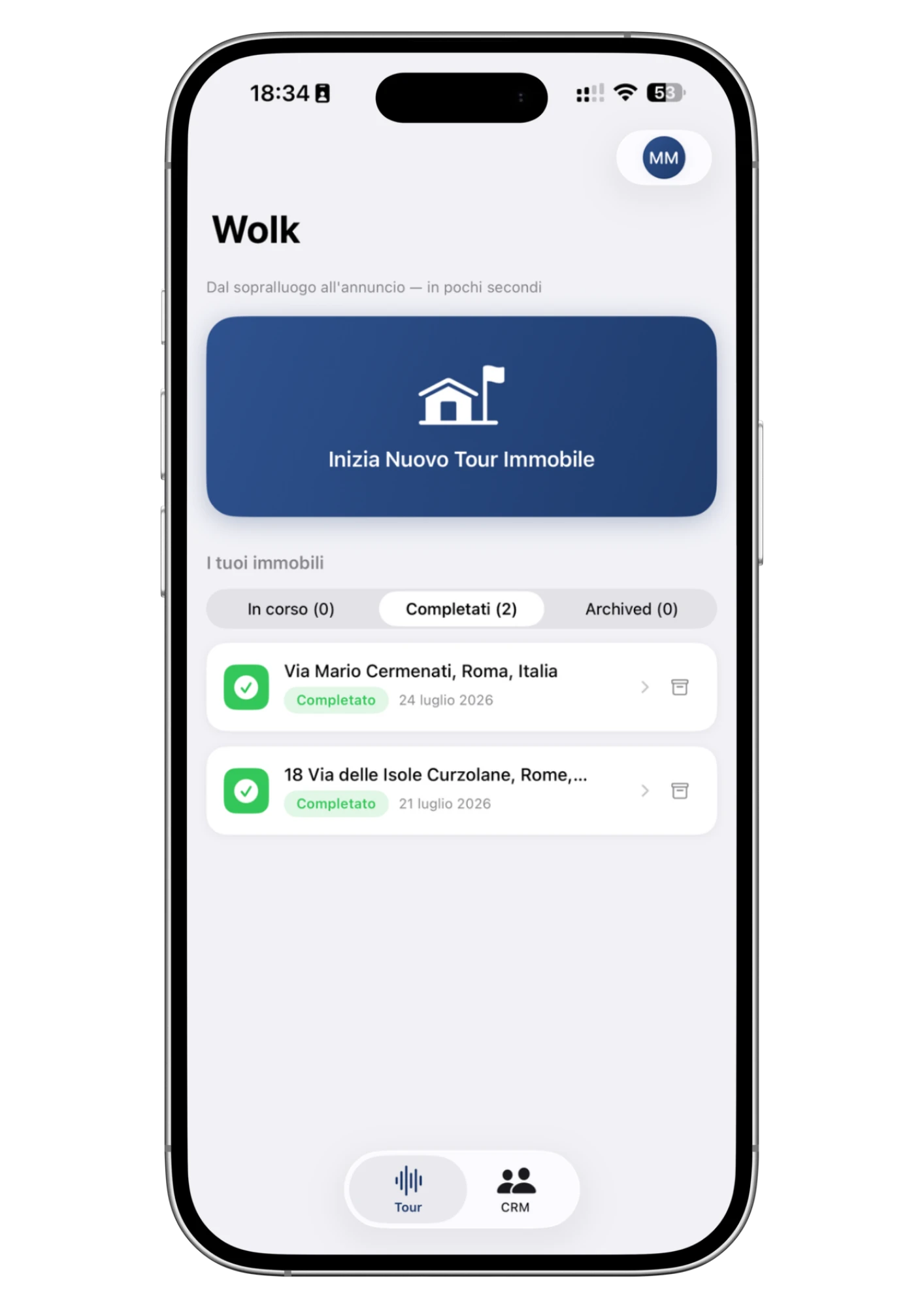 La dashboard di Wolk con i tour recenti