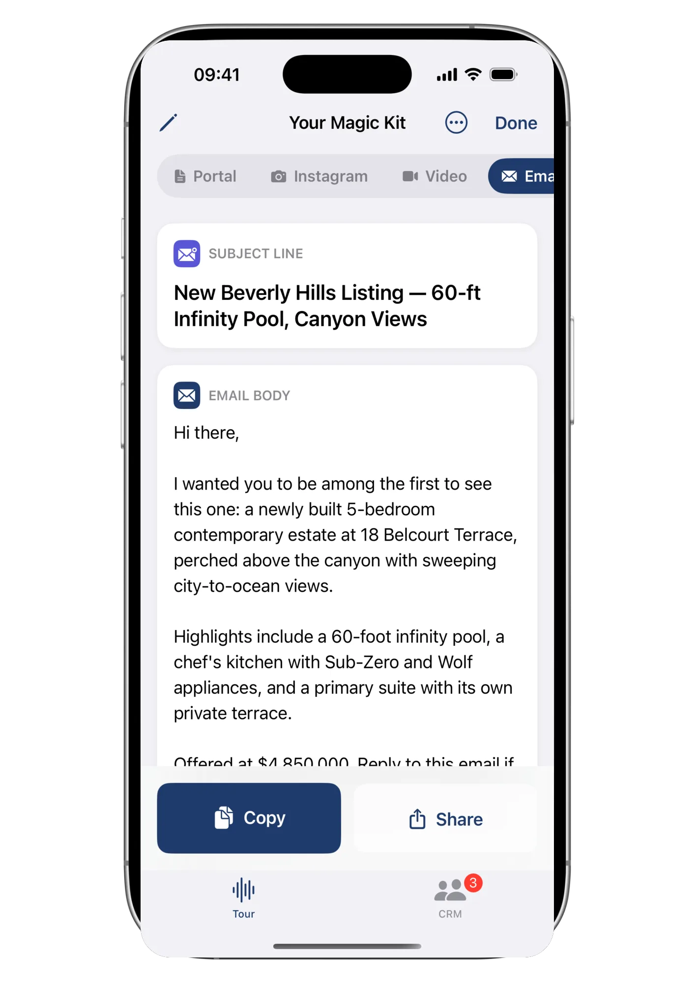 The Email tab of a Wolk kit: subject line and email body