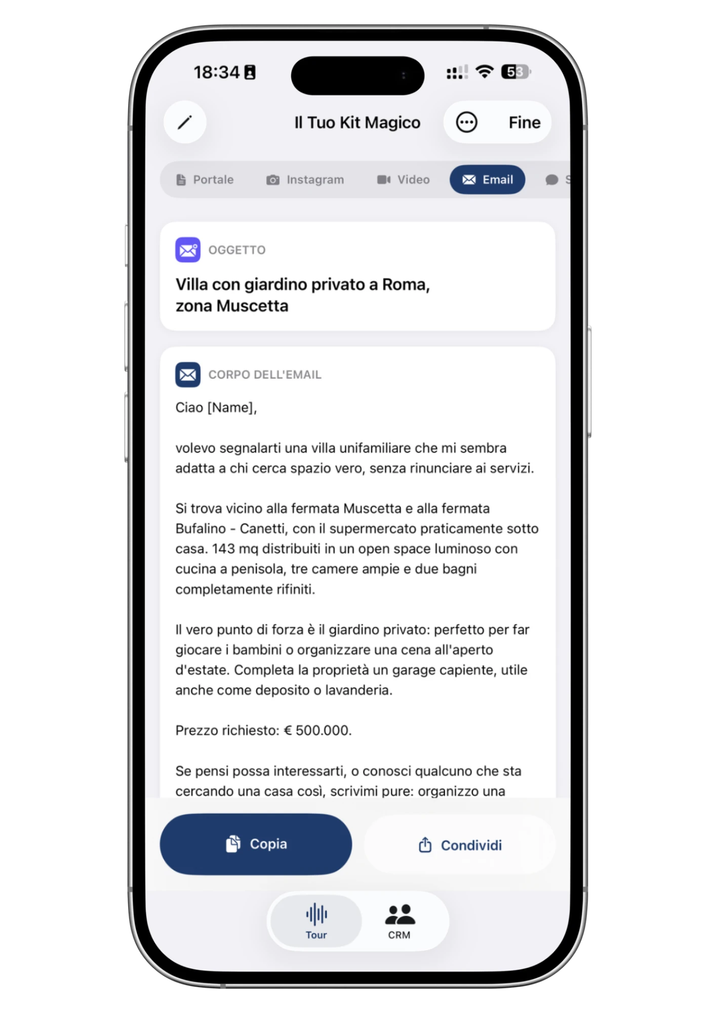 La scheda Email del kit Wolk: oggetto e corpo del messaggio
