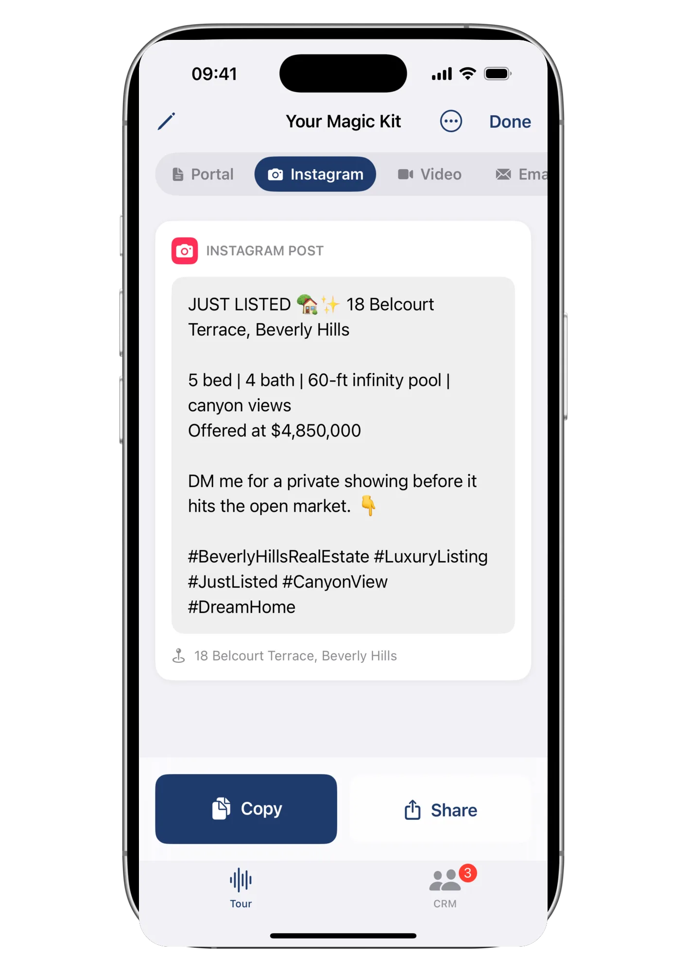 The Instagram tab of a Wolk kit: a ready caption with hashtags