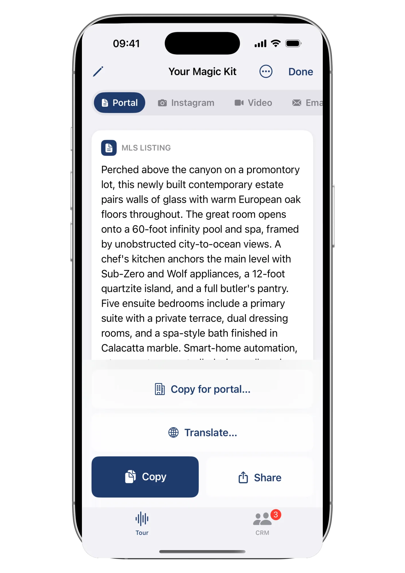 A finished kit in Wolk: the Portal tab with the MLS listing ready and a Copy button