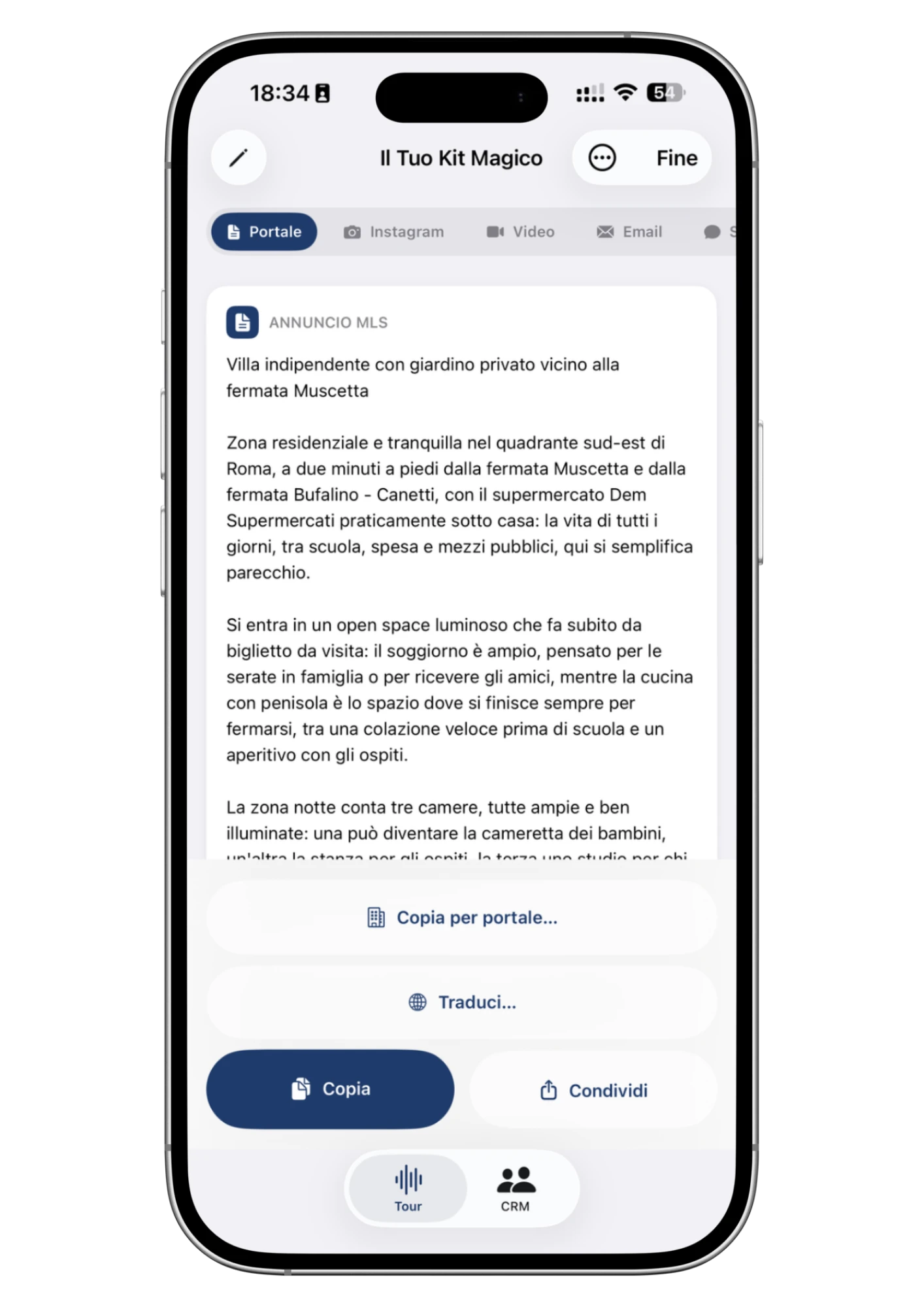 Un kit completato in Wolk: la scheda Portale con l'annuncio MLS pronto e il pulsante Copia