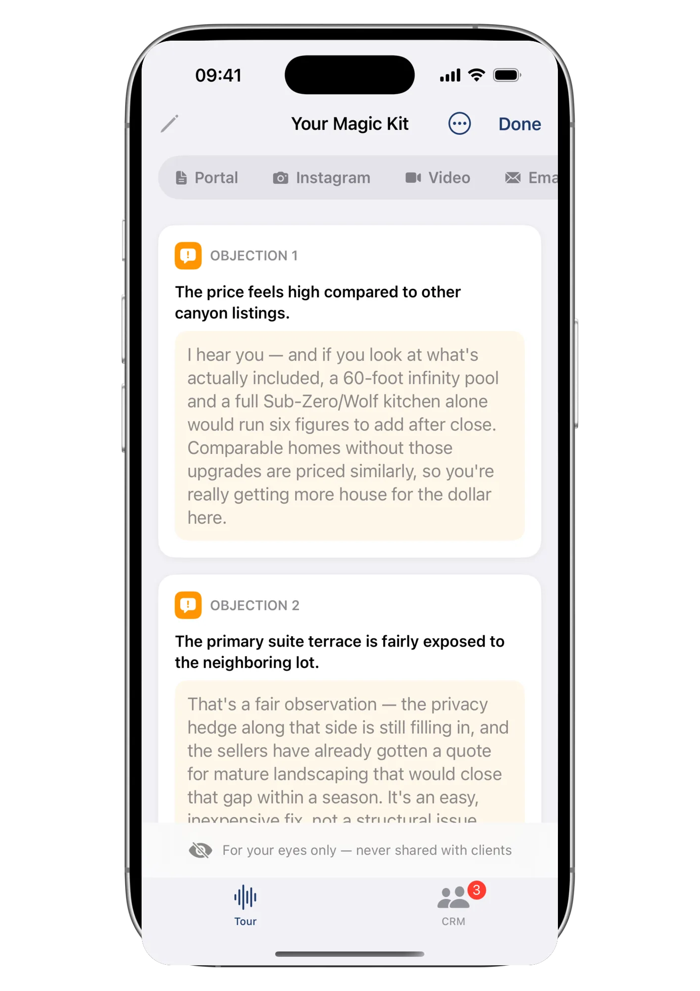 The Objections tab of a Wolk kit: likely buyer objections with a ready rebuttal, marked for the agent's eyes only