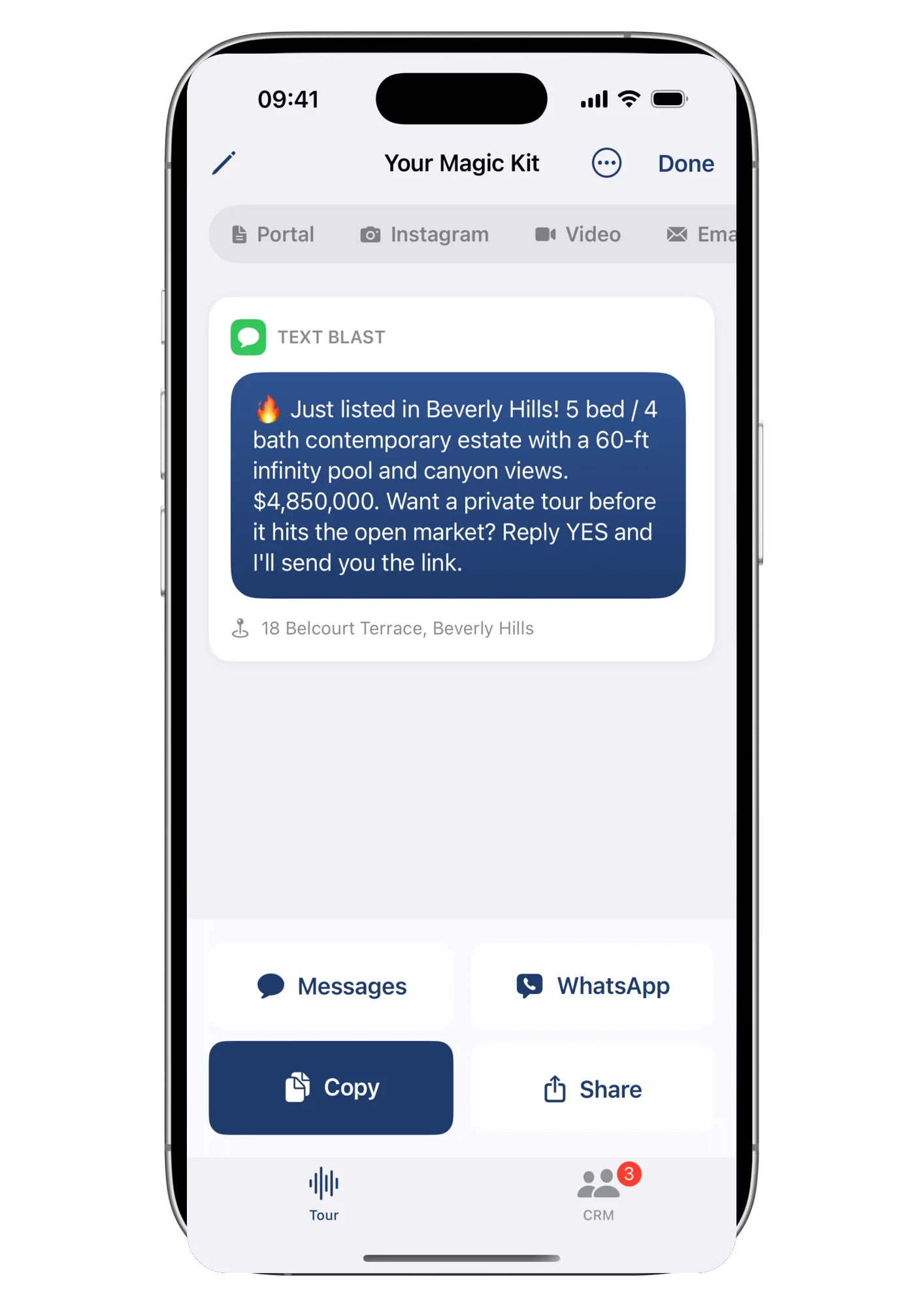 The Text Blast tab of a Wolk kit with Messages and WhatsApp send buttons