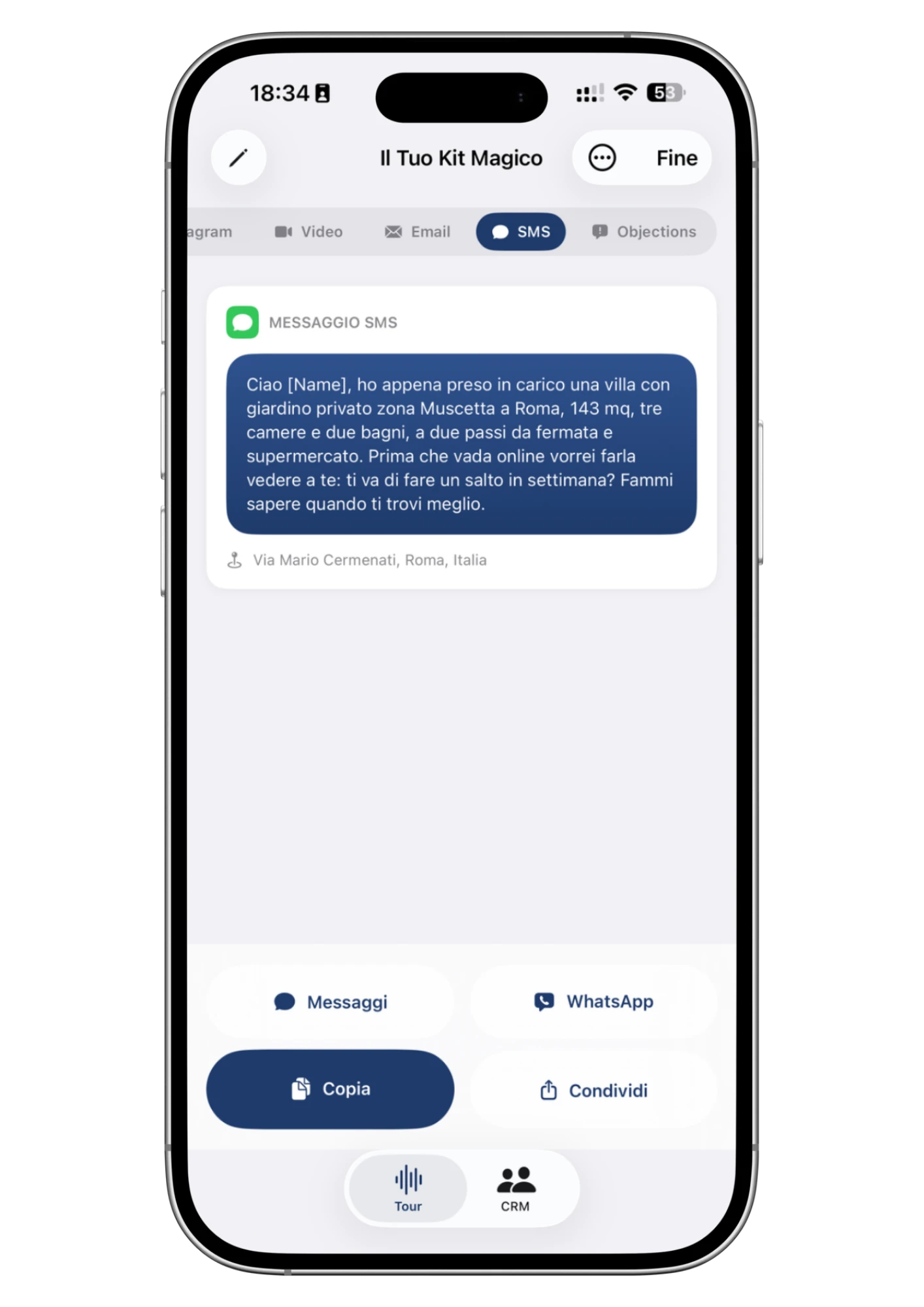 La scheda SMS del kit Wolk con i pulsanti Invia via Messaggi e Invia via WhatsApp