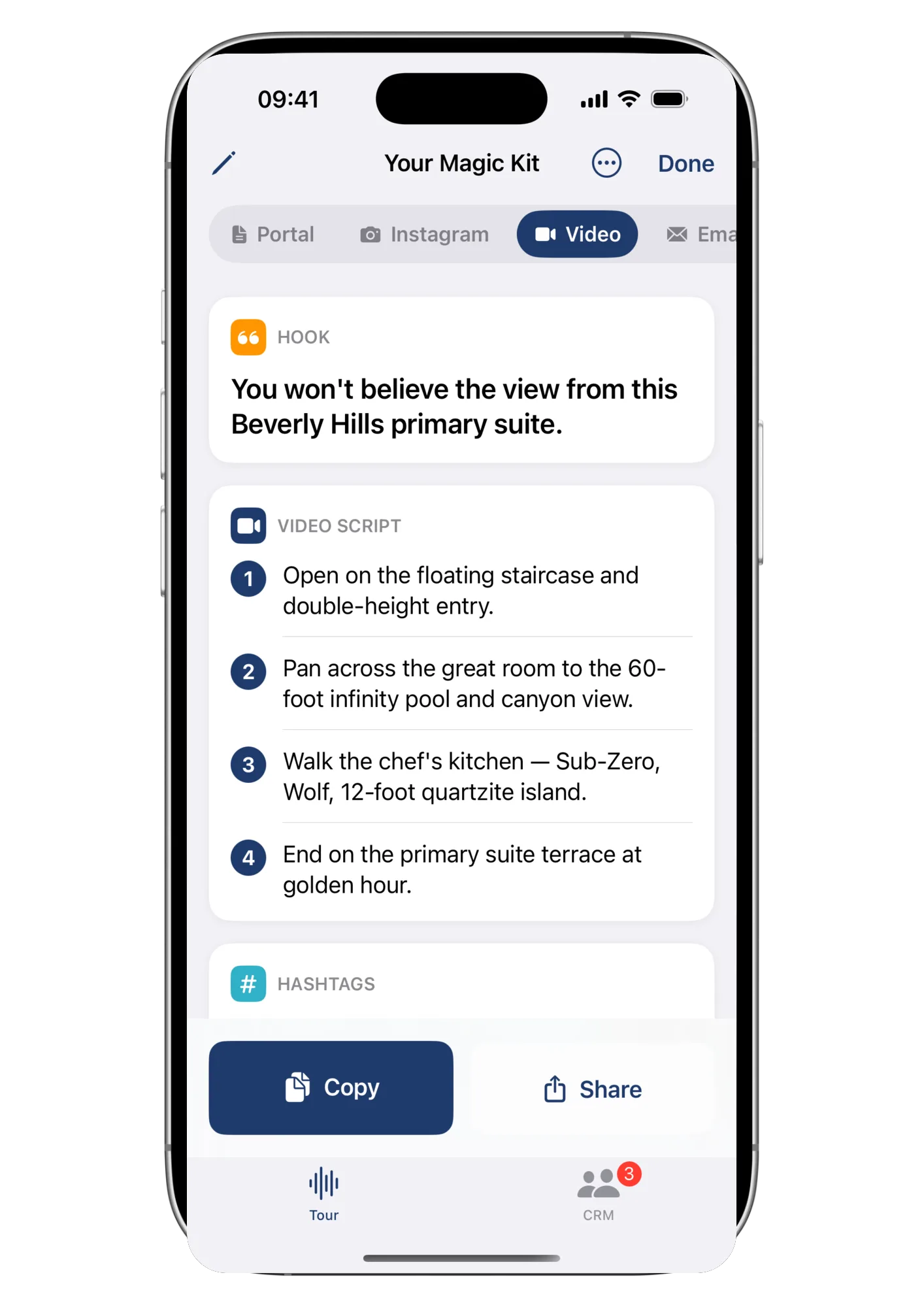 The Video tab of a Wolk kit: a hook line and a four-shot video script naming the floating staircase, the infinity pool, and the chef's kitchen