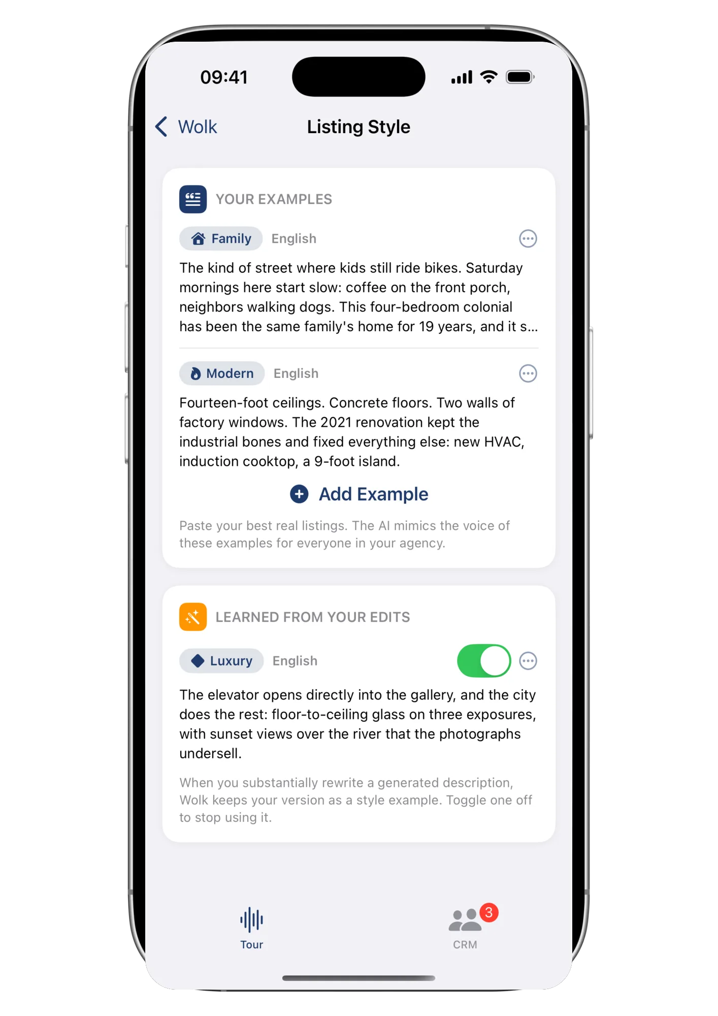 Wolk's Listing Style screen: pasted examples the AI mimics for everyone in the agency