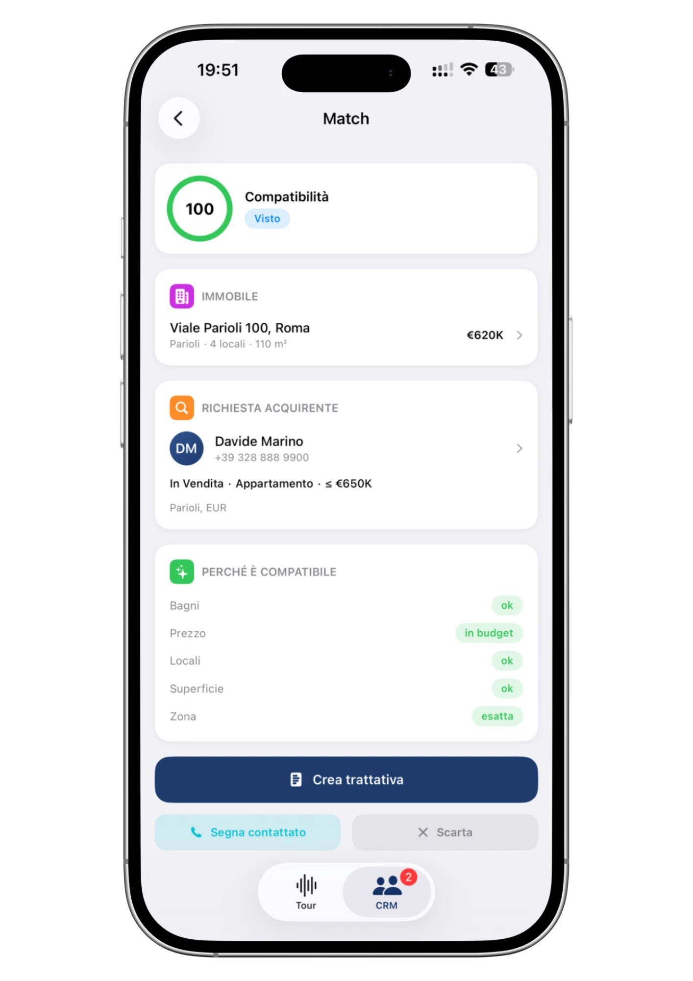 Il dettaglio di un match nell'app Wolk: punteggio 100, l'immobile, la richiesta dell'acquirente e la spiegazione criterio per criterio (bagni, prezzo, locali, superficie, zona), con il pulsante Crea trattativa