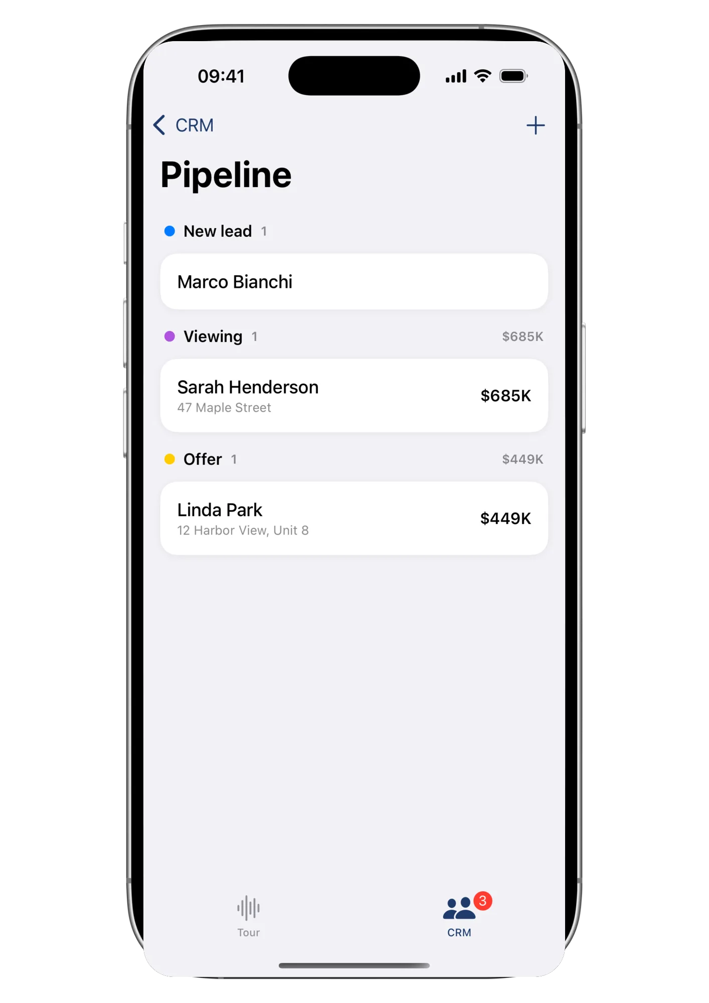 The same pipeline, native in the app: deals grouped by stage with property and price
