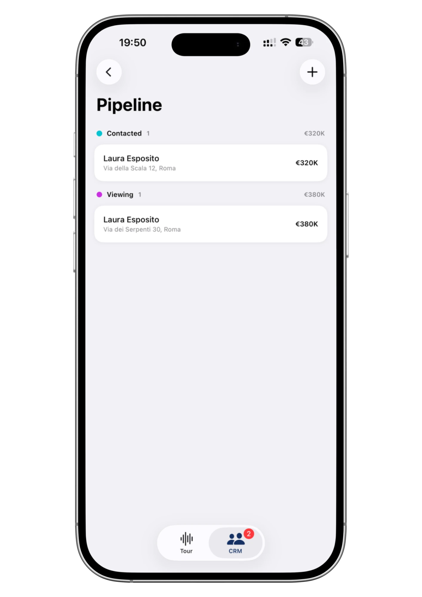 La stessa pipeline, nativa nell'app: trattative raggruppate per stage con immobile e prezzo