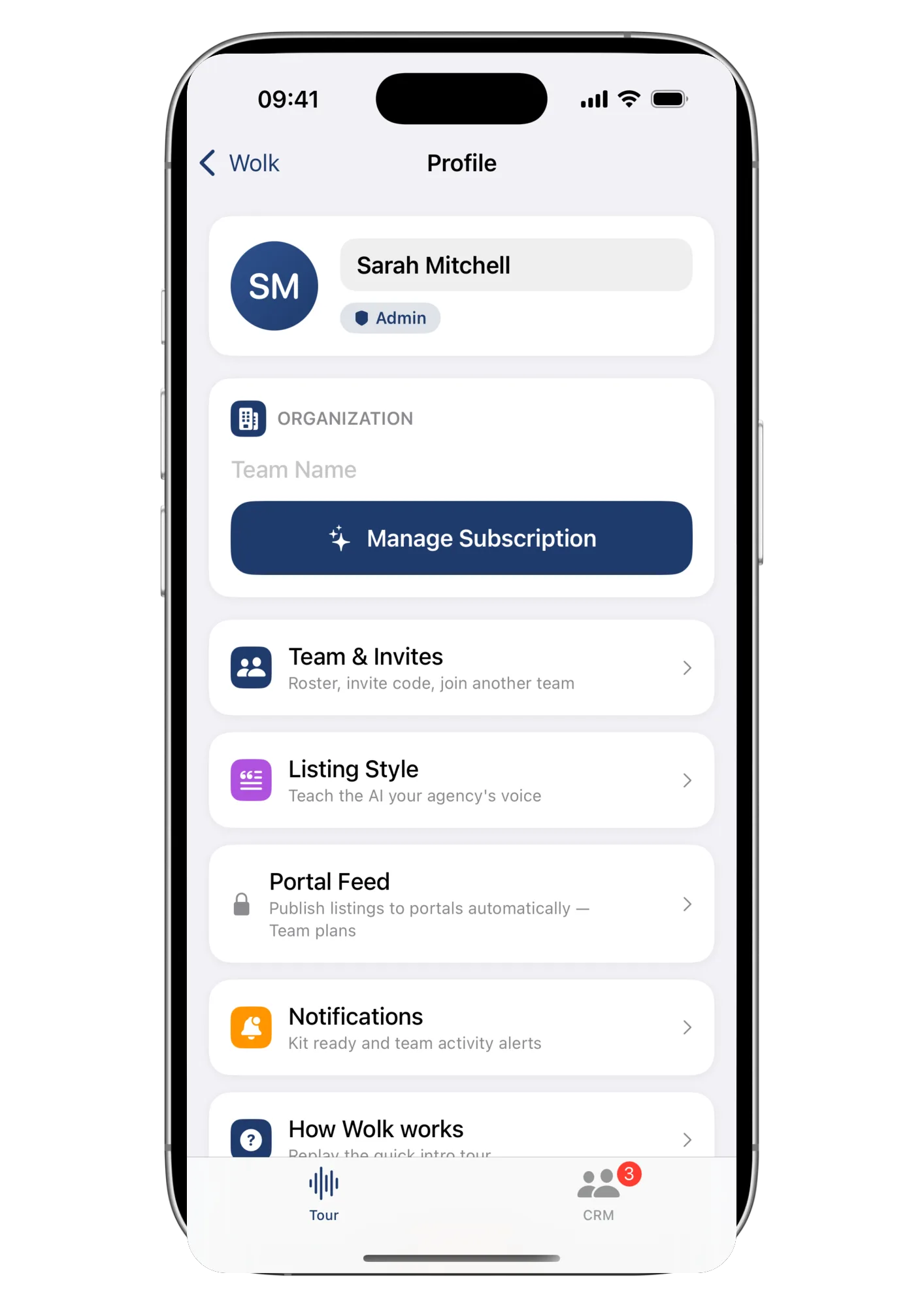 Wolk's Profile screen: team, subscription, listing style, and notifications