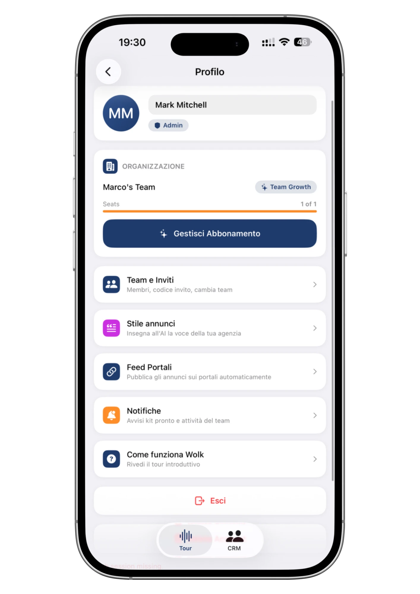 La schermata Profilo di Wolk: team, abbonamento, stile annunci e notifiche