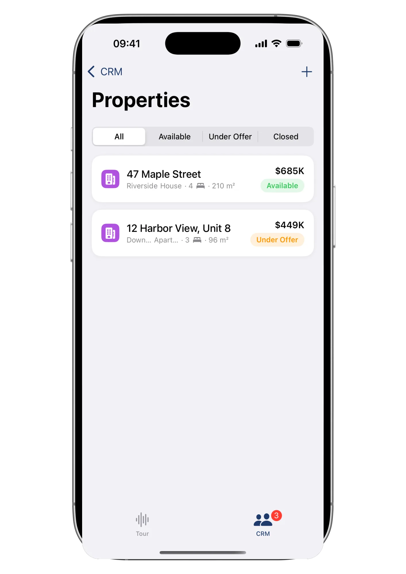 The Properties list in the Wolk app, filterable by status, with price and specs per listing