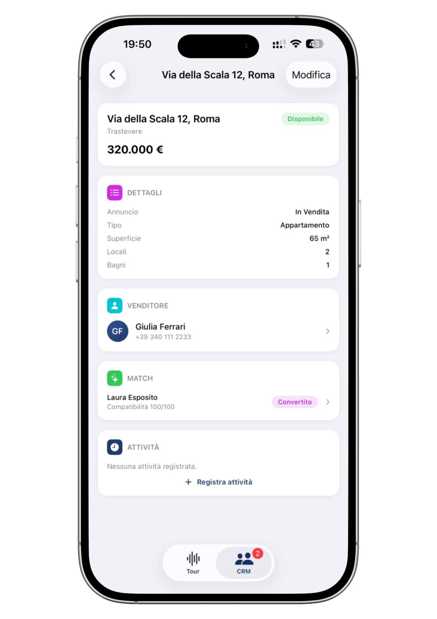 La scheda di un immobile nell'app Wolk: dettagli, il venditore e un match convertito con l'acquirente