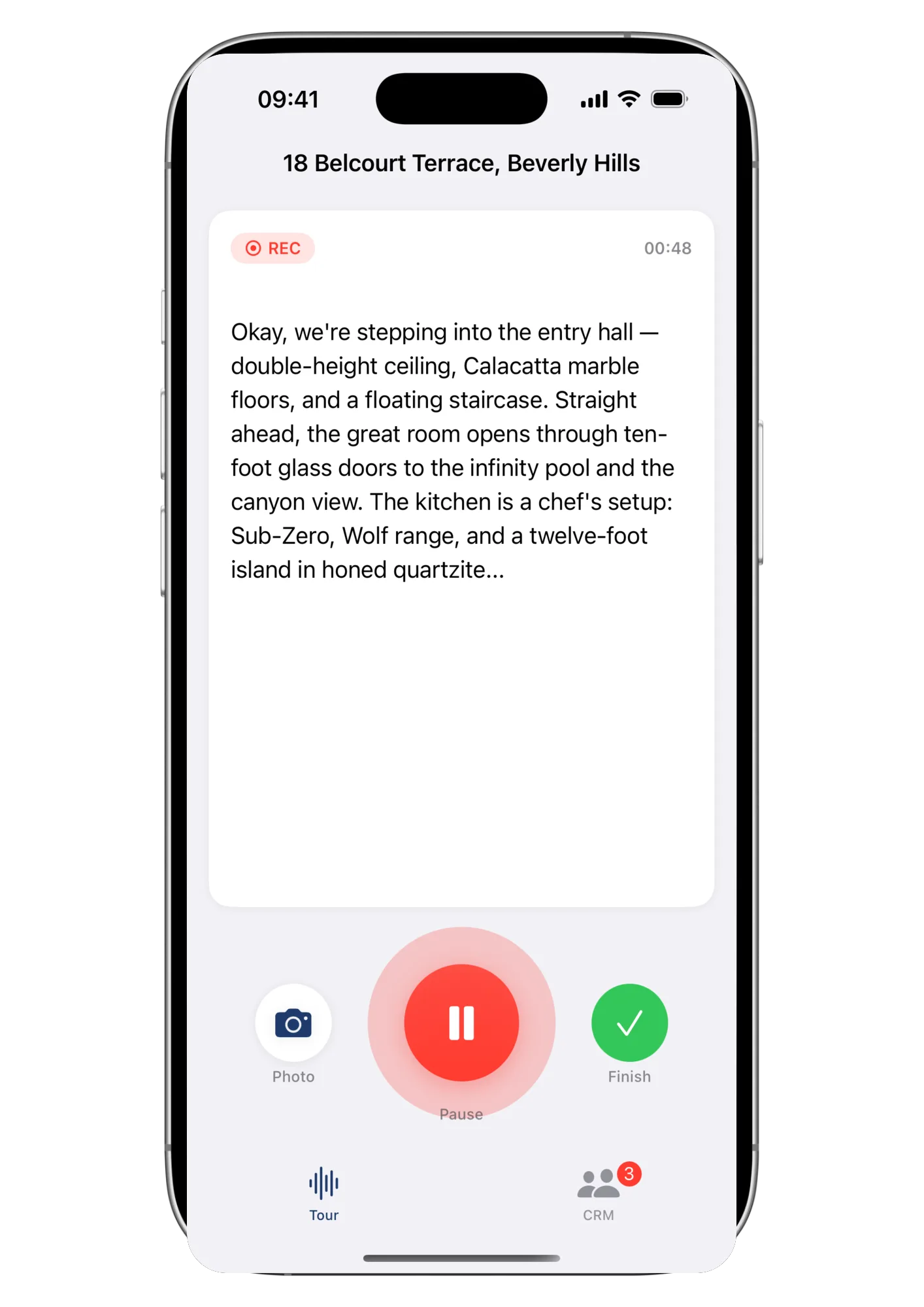 The Walk & Talk screen live-transcribing a spoken walkthrough